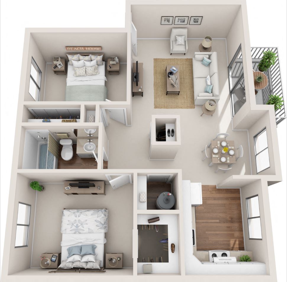 Floor plan for 2 beds, 1 bath, 922 sqft